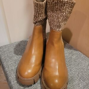 Brown Ankle Boots with Knit Cuff